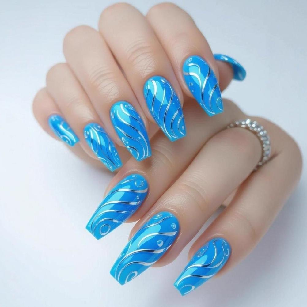 Серия «Синяя» Серебряная Линия Накладные Балетные Ногти - Съемные, Носимые, Осветляющие Кожу Наклейки для Ногтей