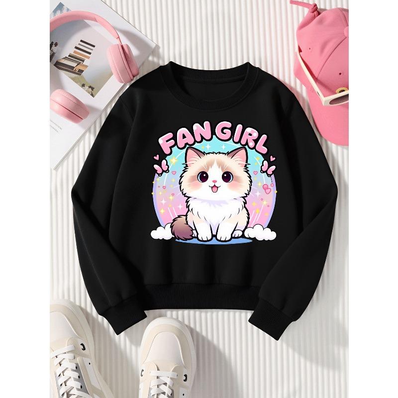 Girls' Crew Neck Sweatshirt Cute Cat Fan Girl Sticker, Soft Cozy Pullover, Warm Casual Outfit for Autumn And Winter