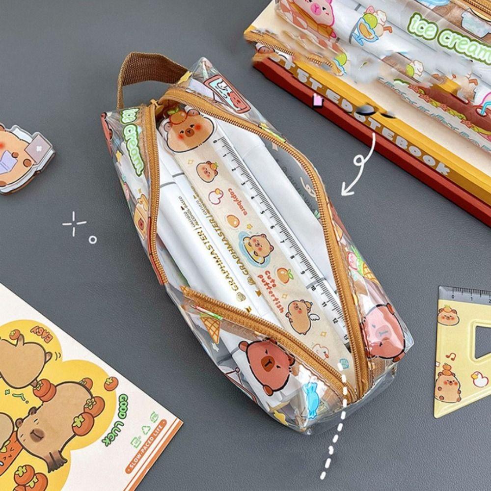Kawaii Capybara Pen Bag Cartoon Stationery Storage Bag Transparent Pencil Case  Student Gift