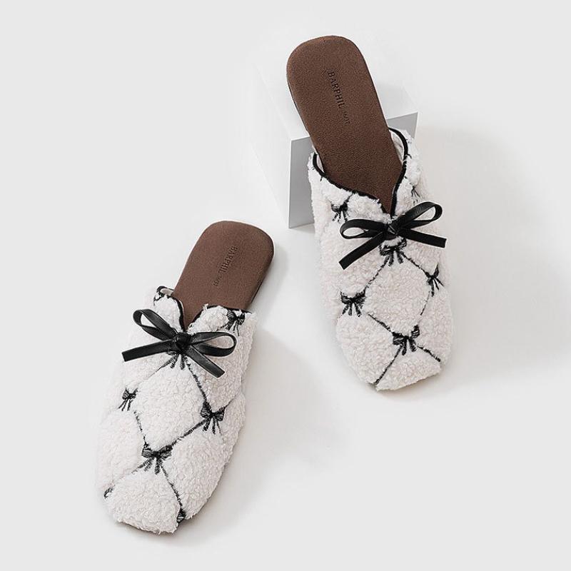 Fashion Sweet Bow Decorative Home Slippers Women Fashion Plaid Fluffy Design Cotton Slippers Comfortable Non-slip Flat Modern Slippers