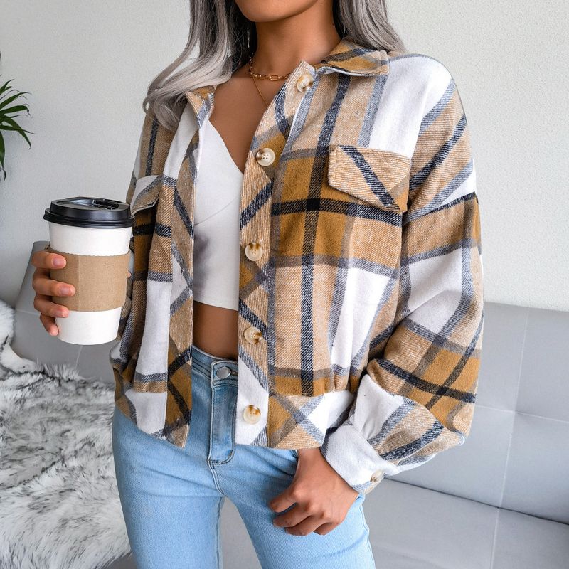 

Fashion Fall and Winter Gingham Lantern Long Sleeve Woolen Coat Jacket Ins Women s Clothing Khaki XL