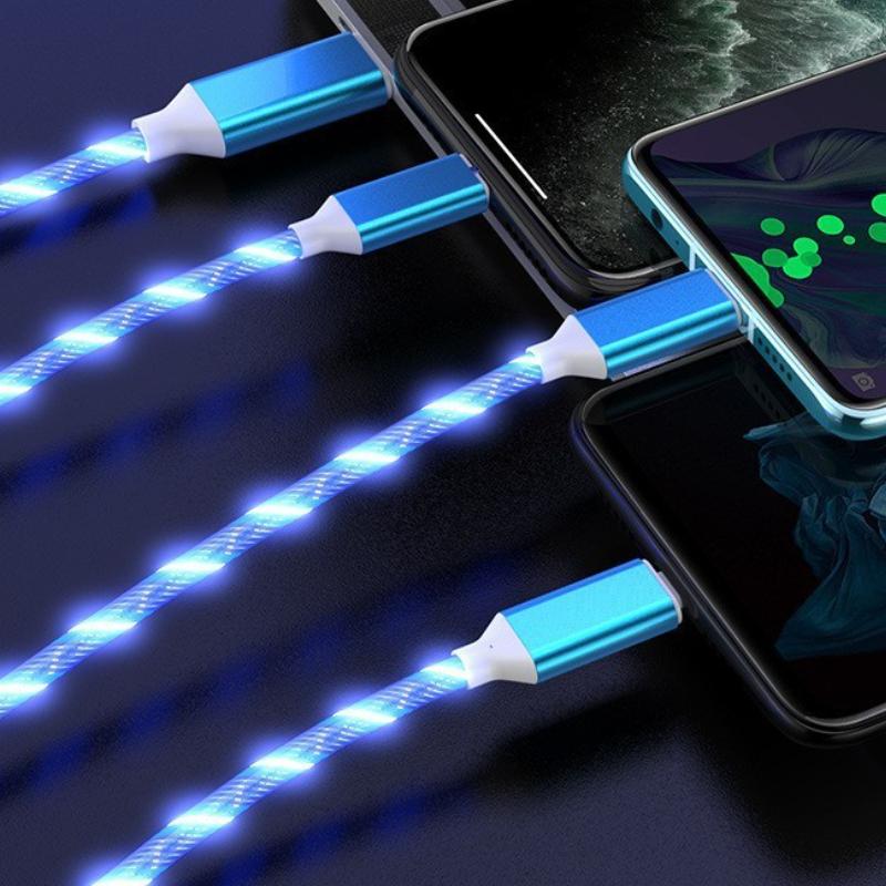 3 In 1 Glowing Charging Cable For Android Huawei XiaoMi Iphone Fashion Light Charging Cable 3A Fast Charging синий