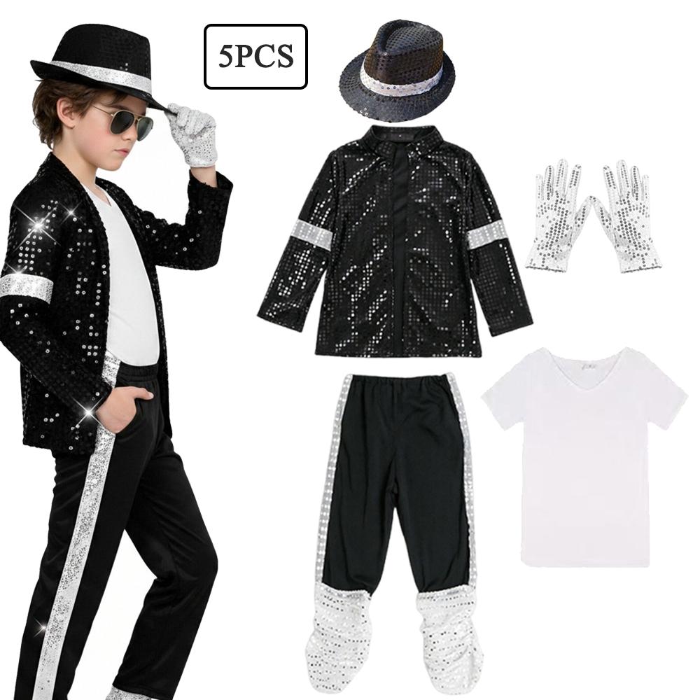 Costum Set Cosplay Halloween Băieți Michael Superstar Cântăreț Dansator Jackson Copii Carnaval Petrecere Ziua Hip Hop Ținută Performanță 7-8T(140) black