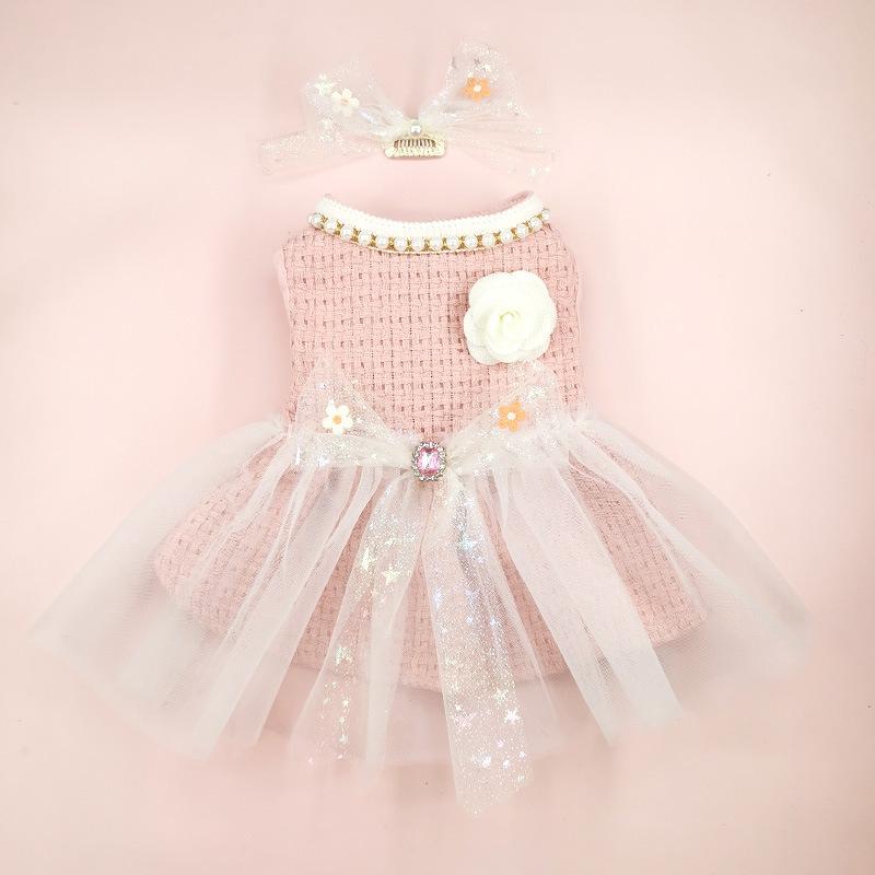 Pet Pink Woolen Dress Coat Princess Mesh Bow Dress Cat Clothing Pet Set Puppy Clothes Autumn/Winter Pink Dresses Puppy