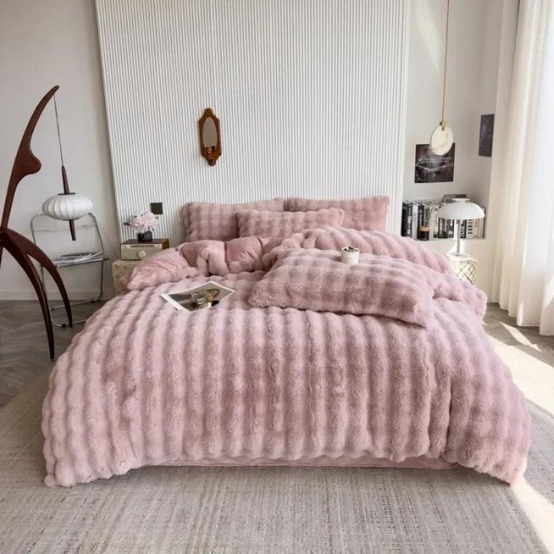 Winter Bubble Rabbit Fleece Four-piece Set Milk Fleece Thickened Flannel Warm Coral Fleece Quilt Cover