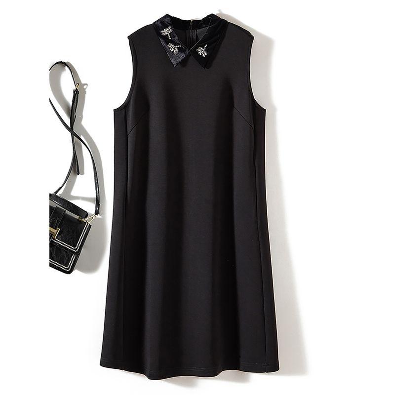 Classic Hepburn Black Dress! Female Lapel Rhinestone Portable Air Cotton Sleeveless Dress Fall and Winter