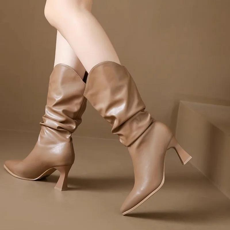 Trend 2024 Women's Half High Boots Retro Middle Heel Designer Luxury Winter Ladies Mid Calf Shoes Novelty Quality Waterproof New