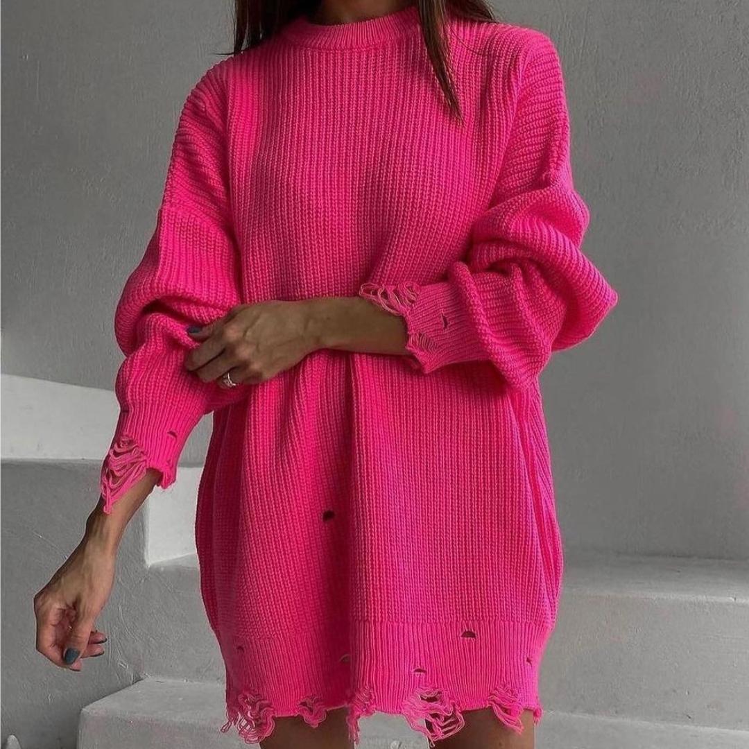 

BITCED Свободный вязаный свитер средней длины с длинными рукавами и круглым вырезом L розы красного