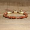 Gold Sandstone Flat Bead Bracelet – Gold Accent Adjustable Boho Jewelry, Vitality Protection Gift for Men & Women