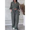 2026 Women's Solid Color Long-Sleeve Shirt & Wide-Leg Pants Set