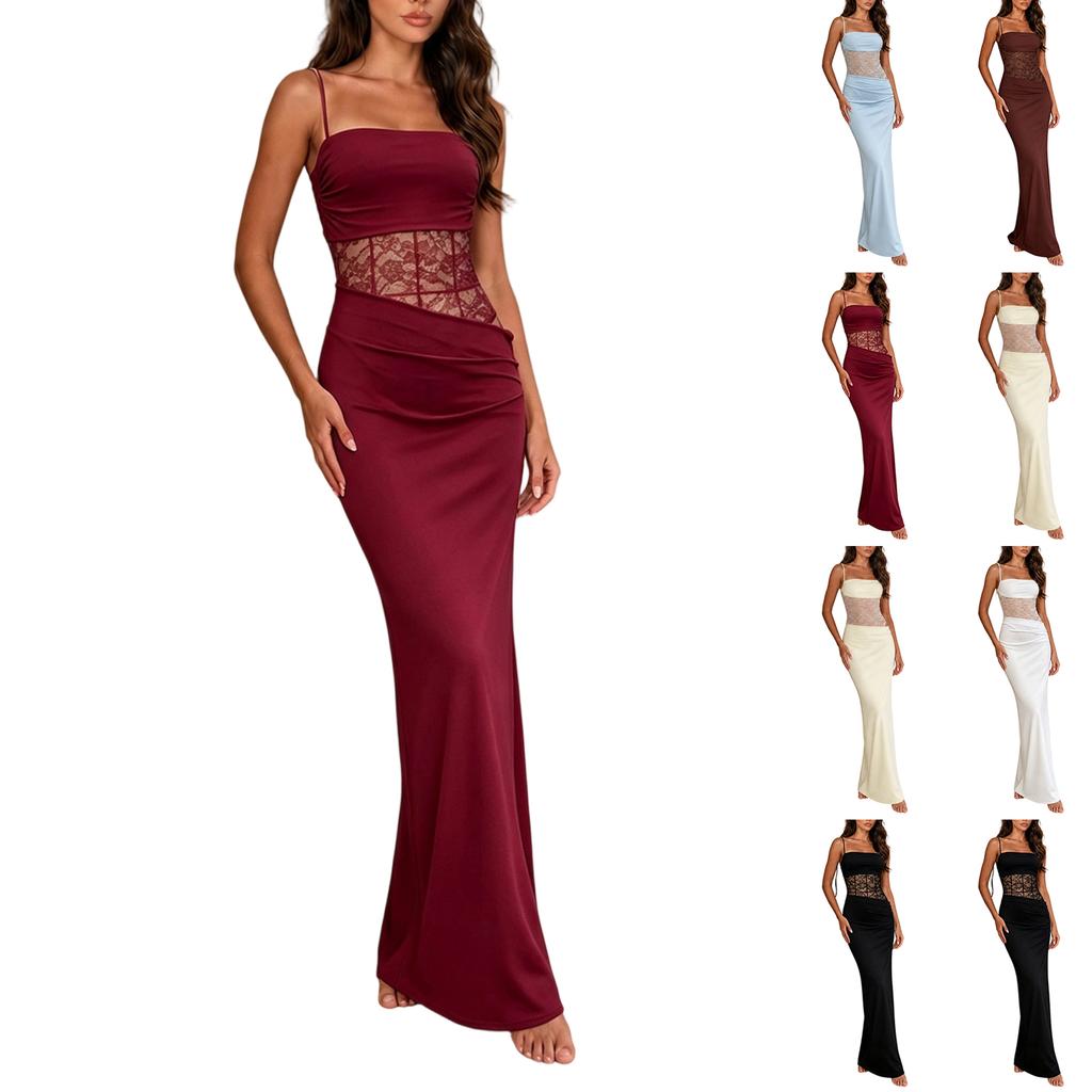 Women's Sexy Lace Off Shoulder Spaghetti Strap Bodycon Maxi Dress with Slit and Patchwork Sheer Cutout