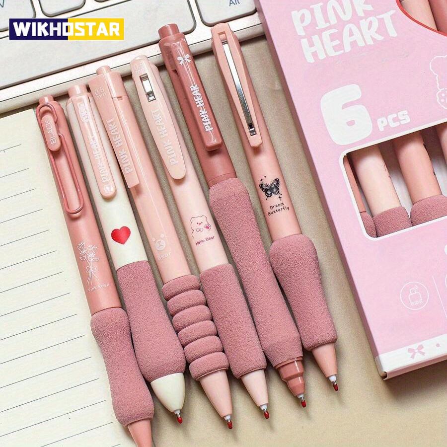 6 ks/sada 0,5mm zasouvací gelové pero, Kawaii papírnictví, Roztomilá pera, Černá gelová pera, Estetická pera, Školní potřeby