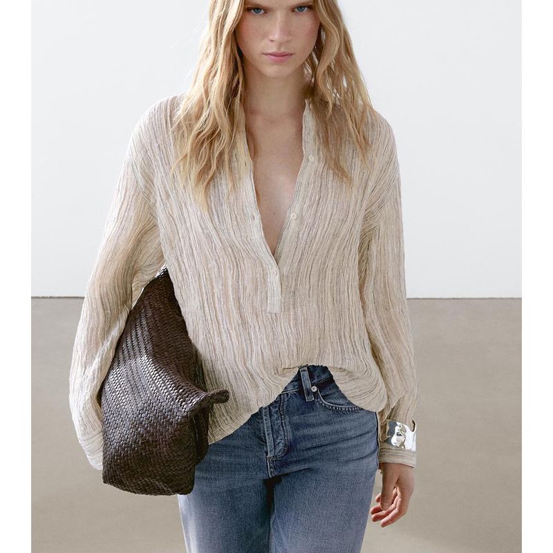 MD Summer New Product Women's Clothes French Style Elegant Texture Ruched Effect Long Sleeves Casual Blouse 5164630