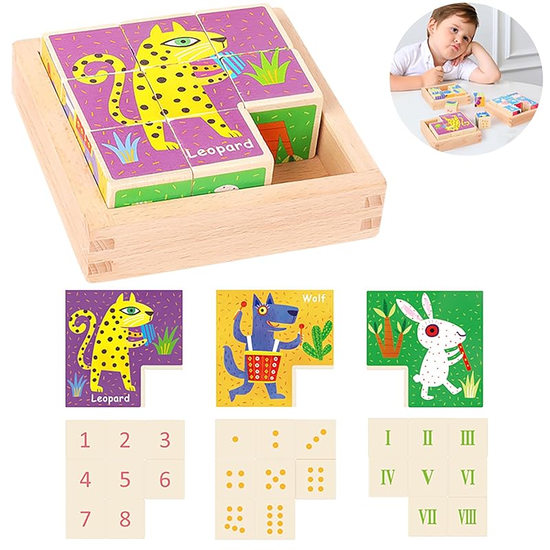 

AAGWW 3D puzzle toy game Three types of face paintings 8 blocks of wood Many ways to play animal designs wooden building blocks educational toys