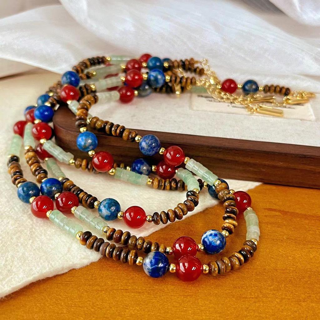 Vintage Natürlicher Dongling-Jaspis, Lapislazuli, Chalcedon, Tigerauge, Maillard-Stil Herbst- und Winterhalskette, Halskette.