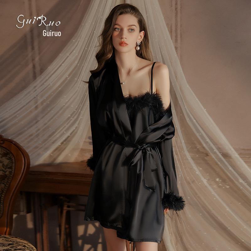 Rose Pure Temptation Plus Size Feathered Camisole Nightgown & Robe Set for Women