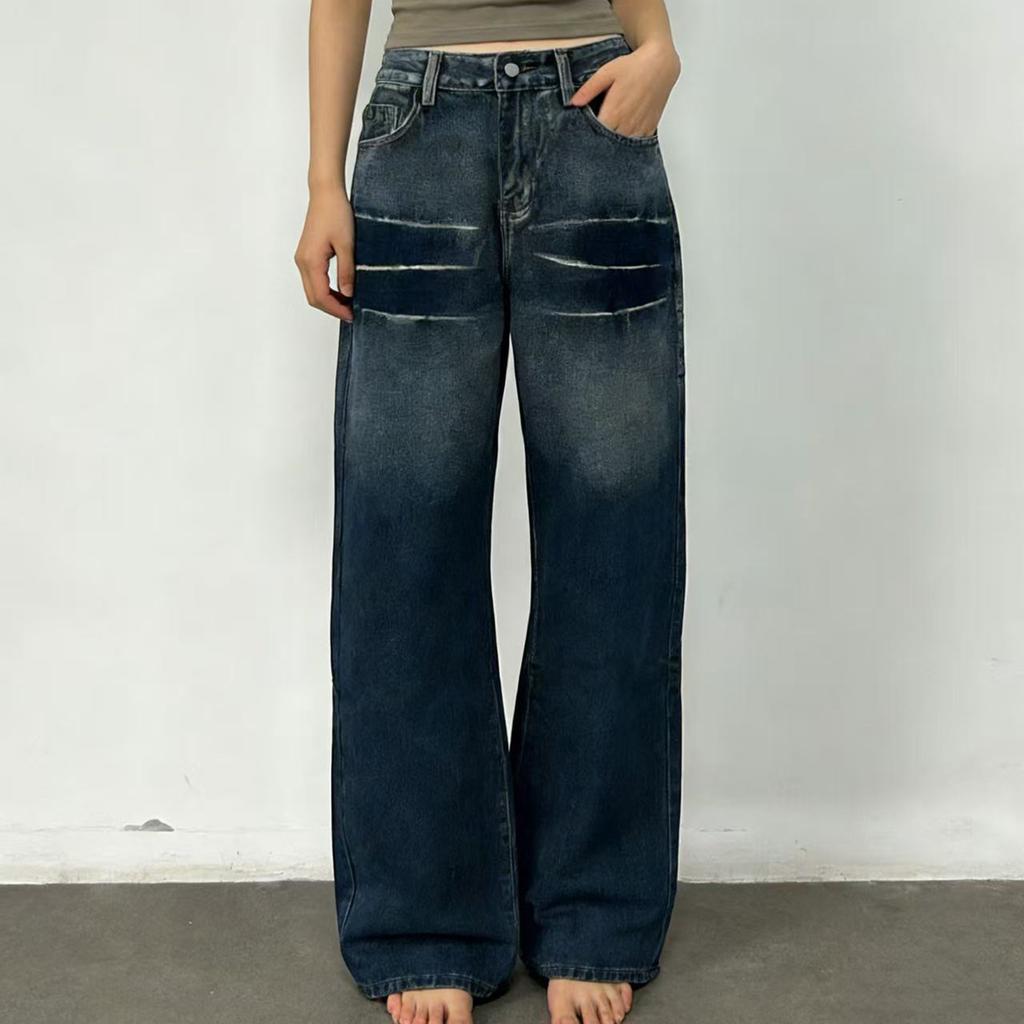 Women's Mid- Stretch Jeans Fashion Straight Leg Denim Pants With Pockets