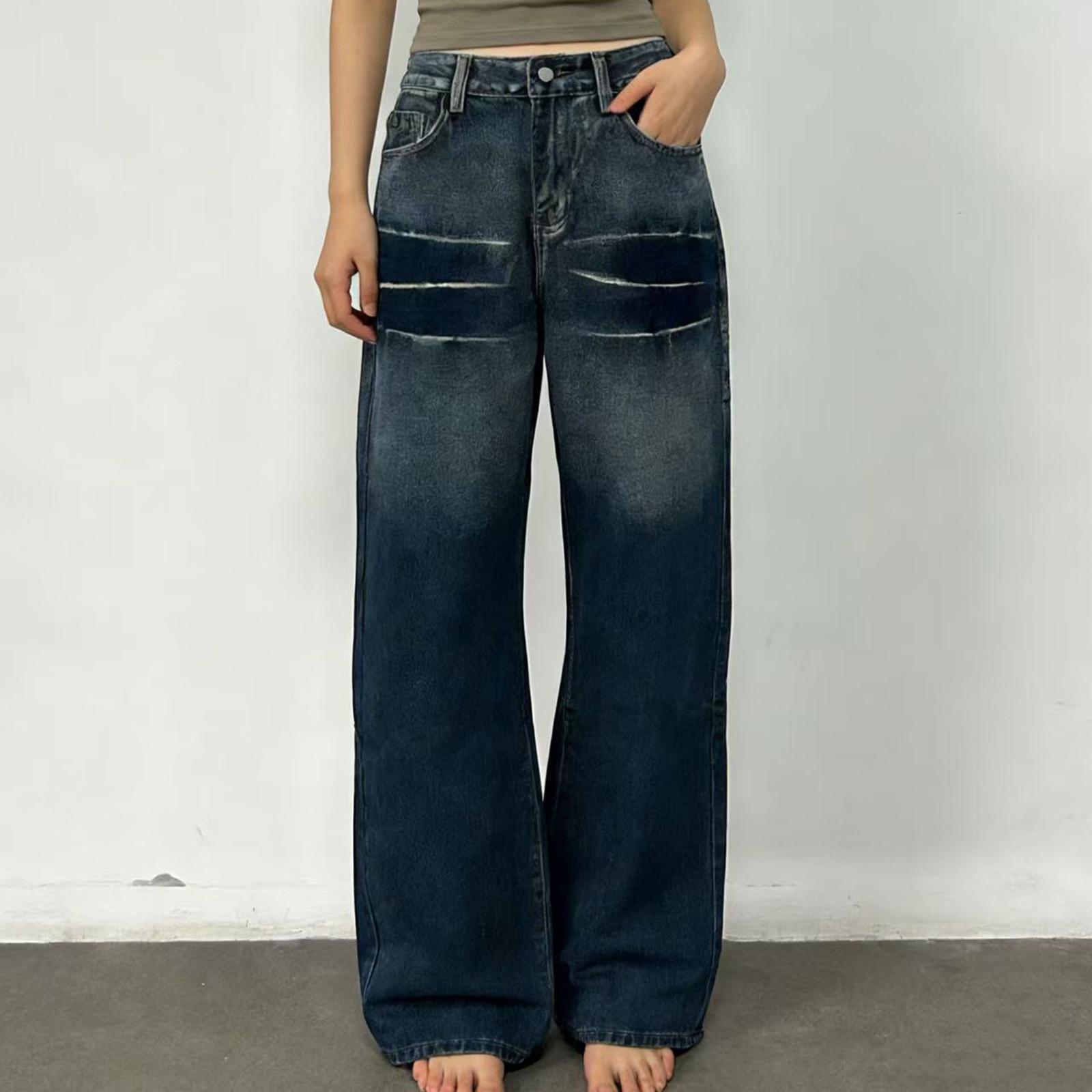 

Women s Mid- Stretch Jeans Fashion Straight Leg Denim Pants With Pockets S