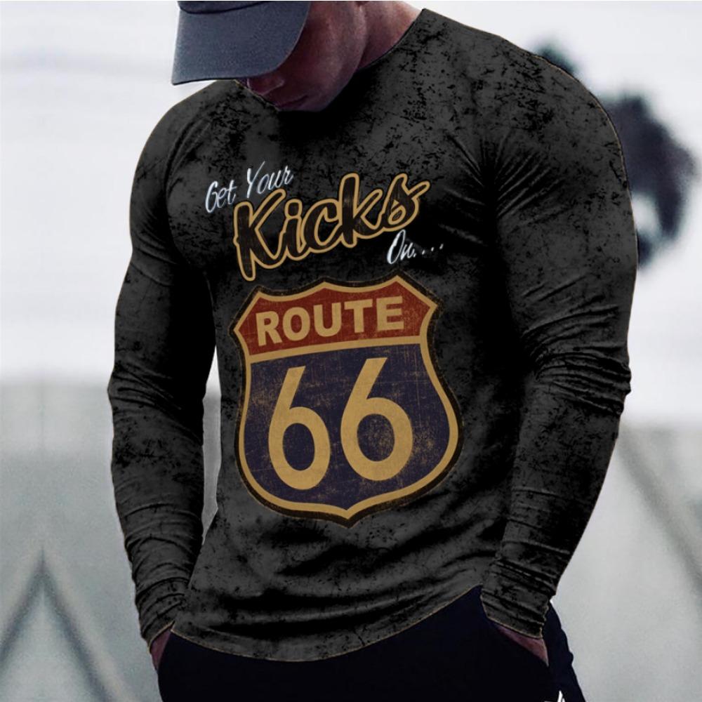 ETST31 2024 Heren T-shirts Lange Mouw 3D Print Top Casual Katoen Vintage T-shirt Vintage Route 66 Tee Los Sport O-hals Kleding 5xl L