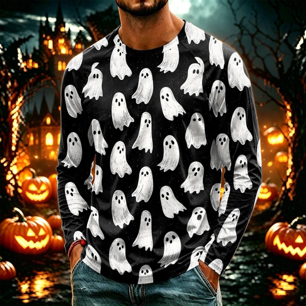Men's Casual Halloween Print Neck Long Sleeve T-Shirt Lightweight for Daily Wear