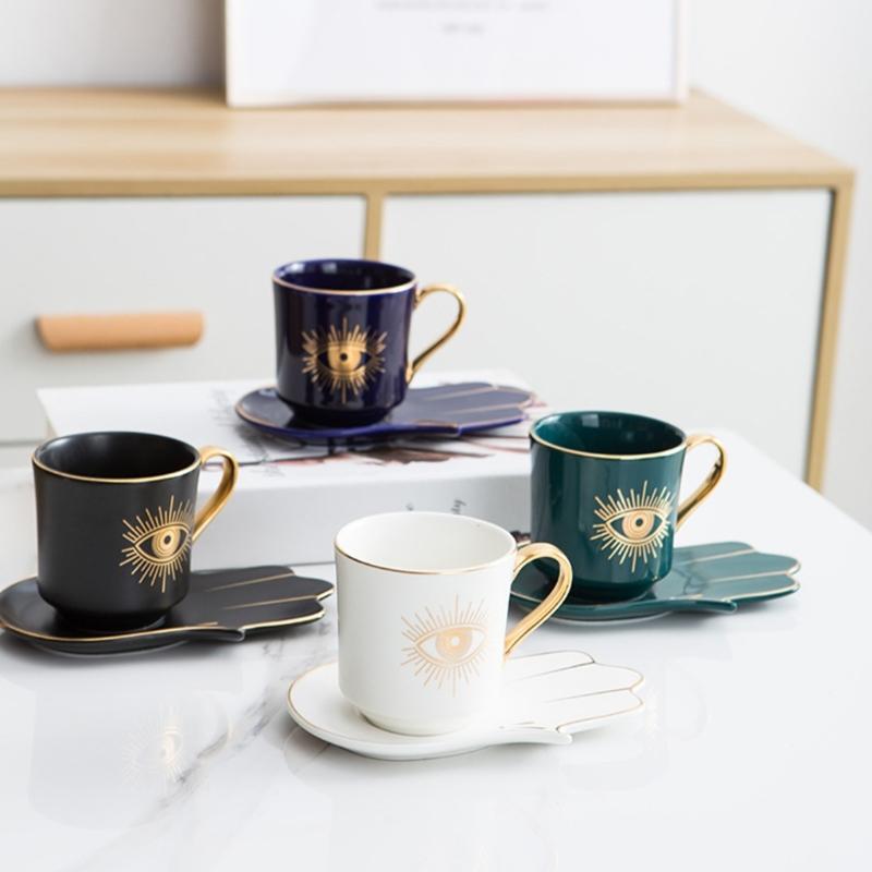 Ceramic Coffee Cup and Hand Shape Saucer Set Turkish Evils Eye Theme Mug Drinkware Gift for Safe Tea Milk Drinking