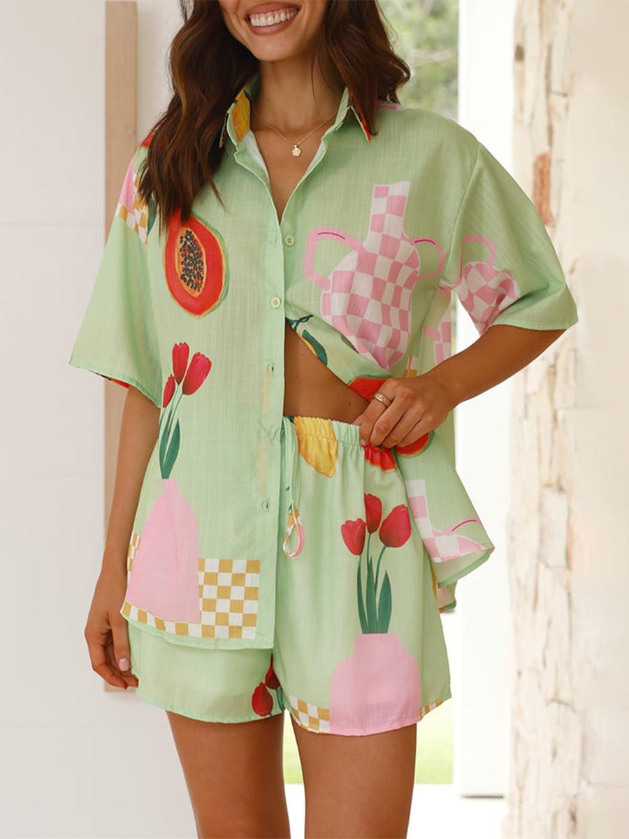 

Casual Loose Women s Lapel Neck Short Sleeve Button Down Shirt Elastic Waist Shorts 2 Piece Summer Holiday Set S