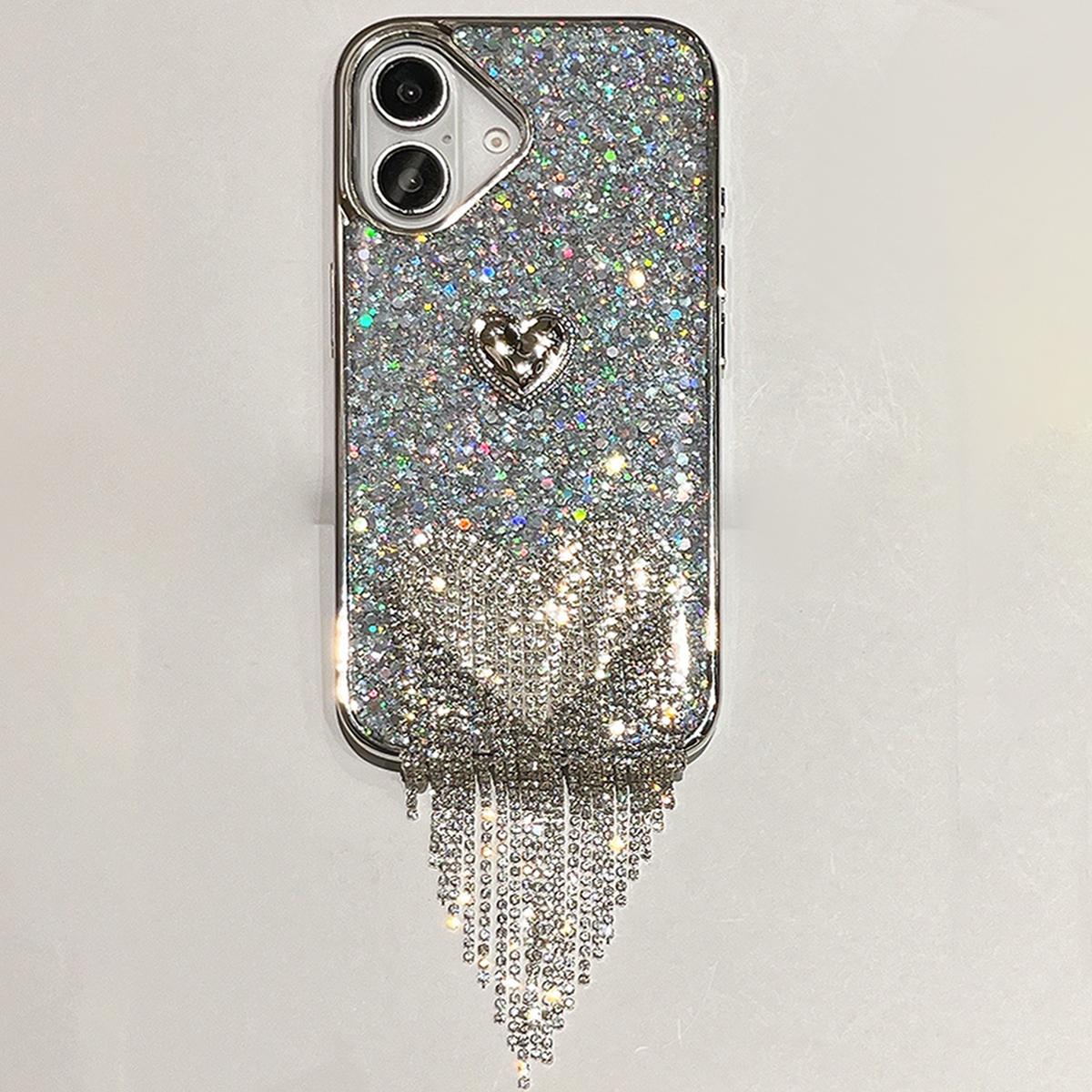 

Защитный чехол для iPhone 16 с гальваническим покрытием, блестящим дизайном сердца с кисточкой, эпоксидная накладка для телефона A