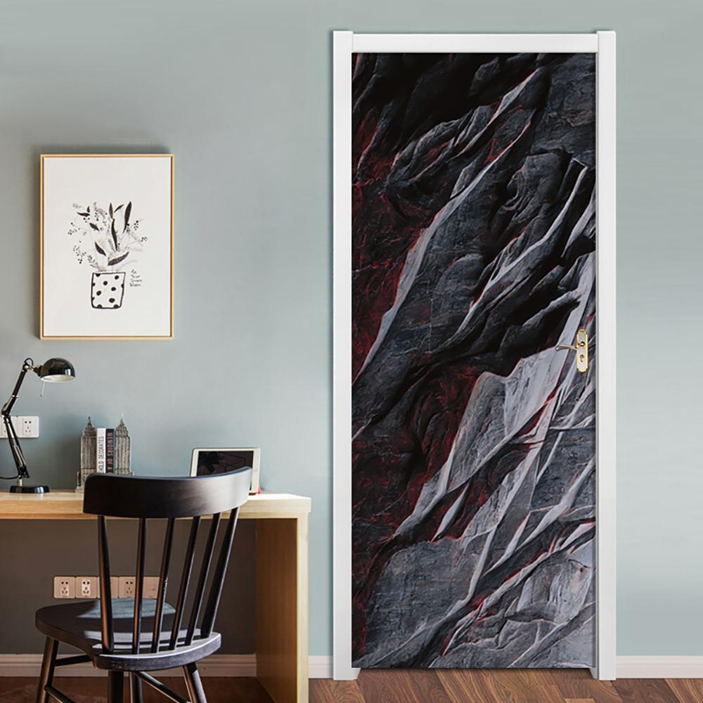 1 Set/2 Pcs 3D Door Sticker, Tear Off Detachable Waterproof Door Wallpaper Decor Black Red Marble Sticker Art Decor