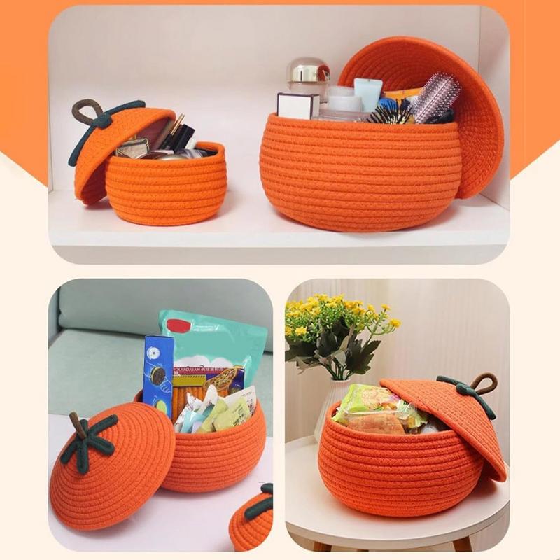 Pumpkin Woven Basket Halloween Pumpkin Basket with Dust-Proof Lid Fall Harvest Decor Home Organization Bin Cute Basket