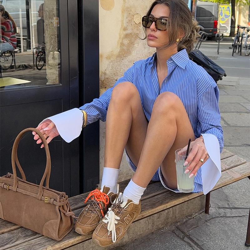 Women's Color Blocked Striped Shirt Wide Leg Shorts Set for Spring and Summer Casual Loose Fit Daily Commuting VersatileFrench Style Lady Sets