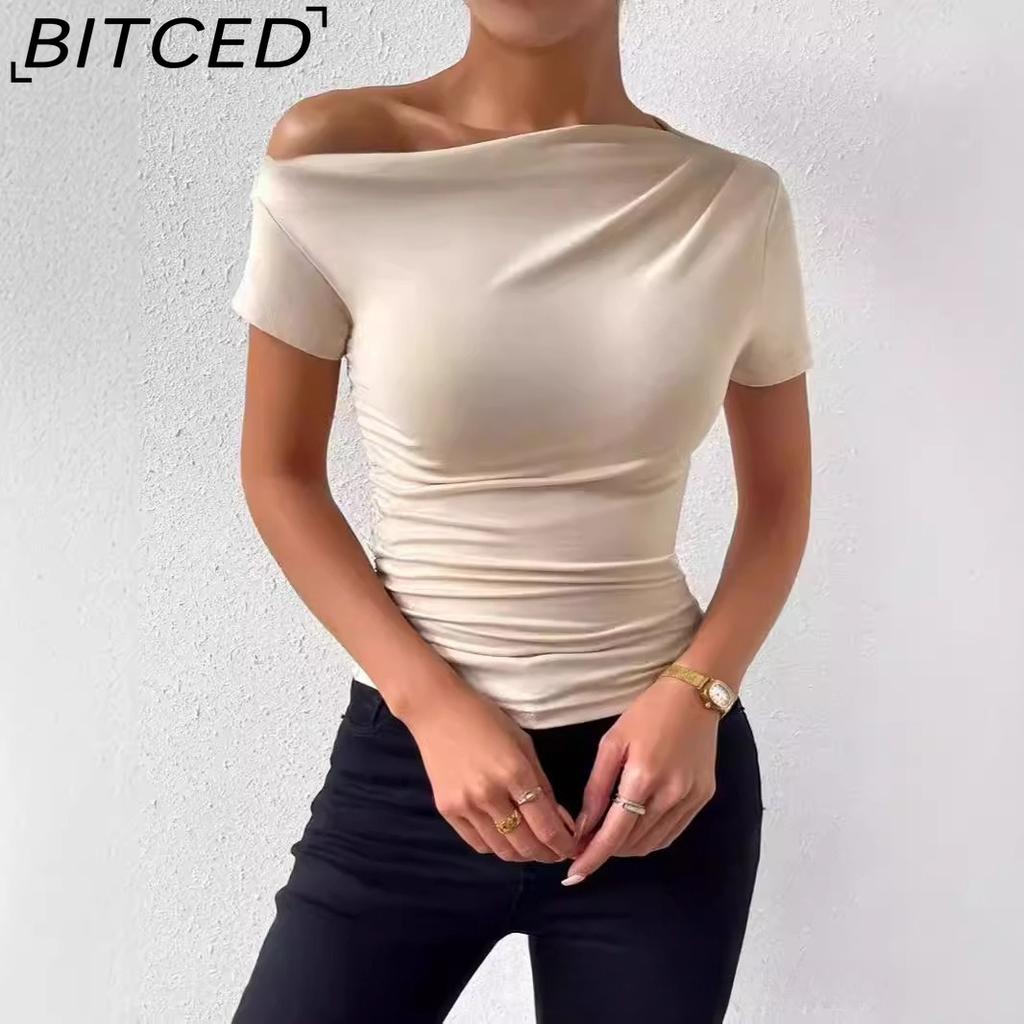 BITCED Spring/Summer Women's Slim-Fit Pleated Asymmetric Hem Short-Sleeved T-Shirt Top