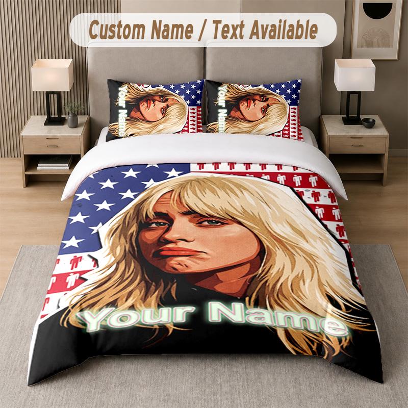 Billie Eilish 3Pcs Bedding Set, Personalized Custom Name Text, 1 Duvet Cover & 2 Pillowcases For Bedroom