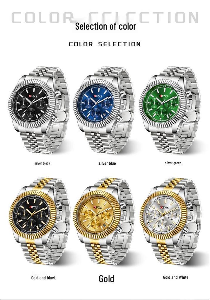 Oufannishi Men's Multifunction Chronograph Quartz Watch with Calendar and Stainless Steel Band, Waterproof Design