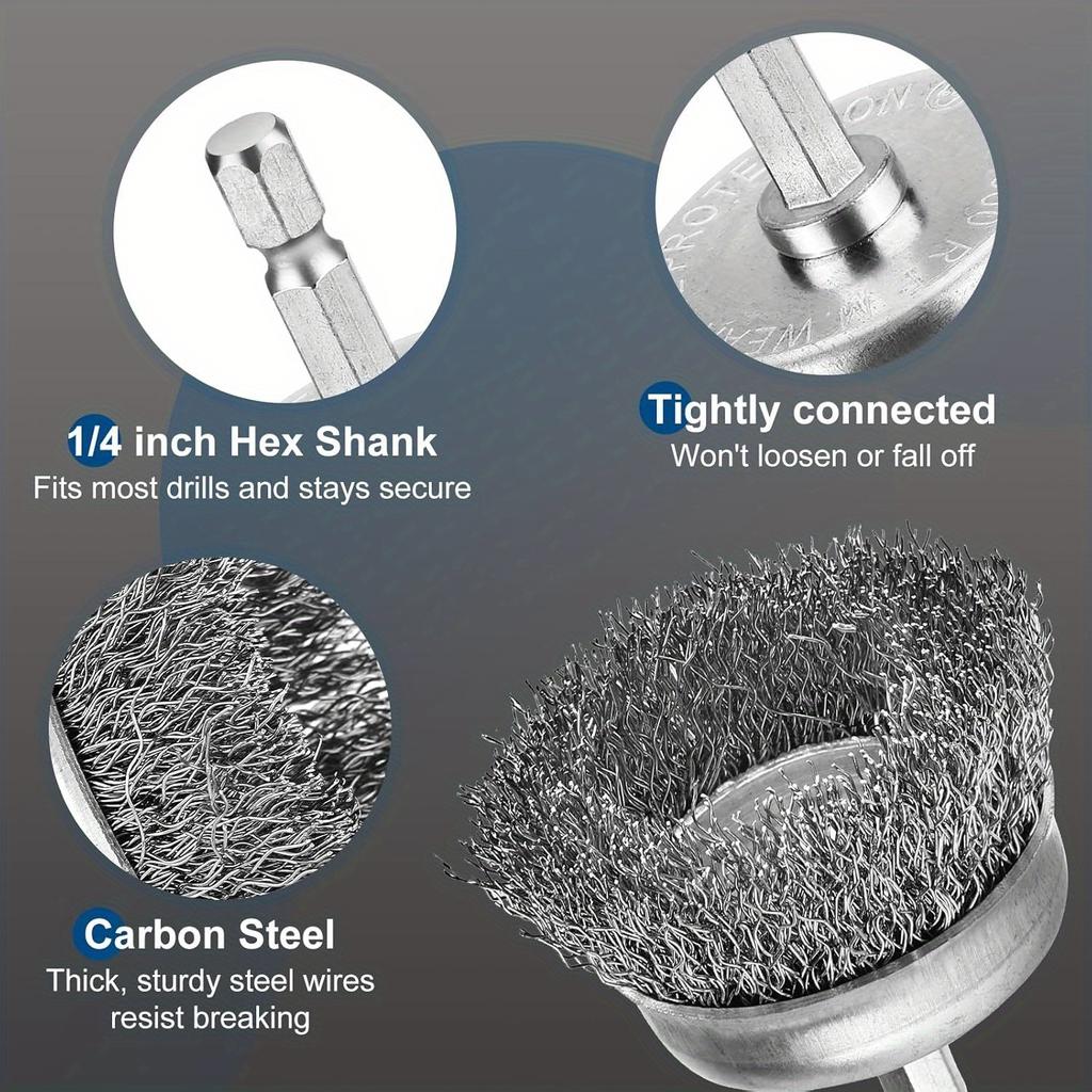 6Pcs Professional Carbon Steel Wire Wheel Brush Bits Hexagonal Handle Wire Brush for Drills Cleaning Rust Peeling Grinding