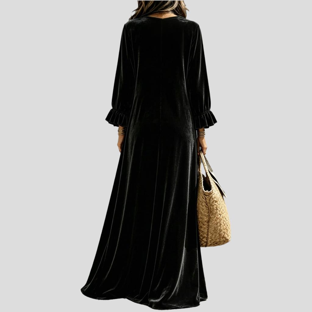 Damen Samt Freizeitkleid Locker Rüschenärmel V-Ausschnitt Langes Kleid Herbst Winter Retro A-Linie Kleid