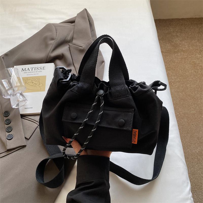 Fashion Color Blocking Design Neutral Drawstring Canvas Shoulder Crossbody Bag For Casual Girls Daily Use