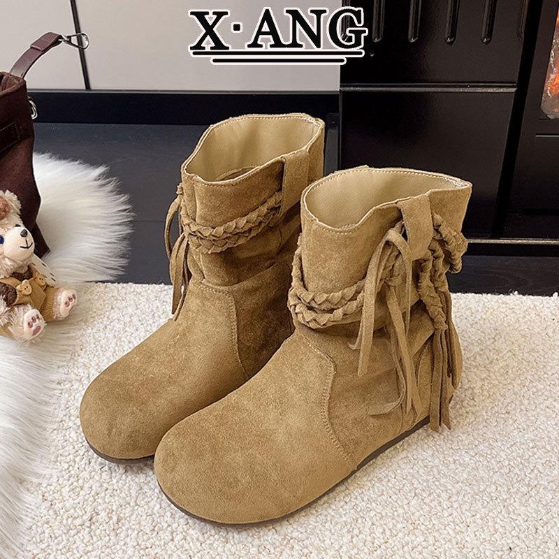 Cowhide version short boots women's inner height increase small fringed stacking boots autumn new retro Martin boots