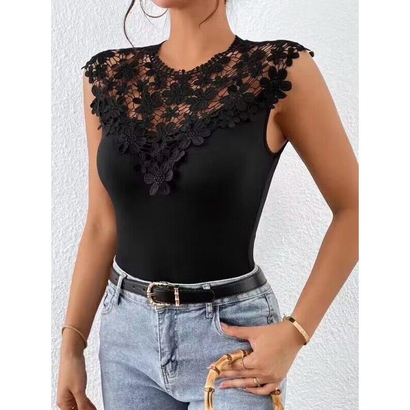 Women's Elegant Lace Patchwork Sleeveless T-shirt - Slim Fit, European & American Style Summer Top