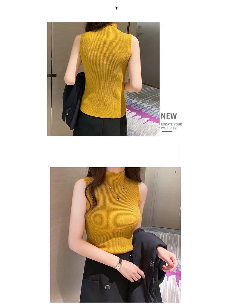 Stylish Shiny Silk Half-High Collar Sleeveless Slim Fit Top