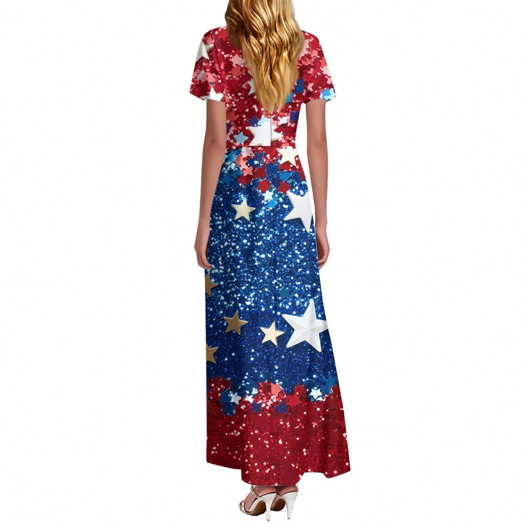FashWomen's Loose Casual V-Neck Short Sleeved High Waisted Print Dress