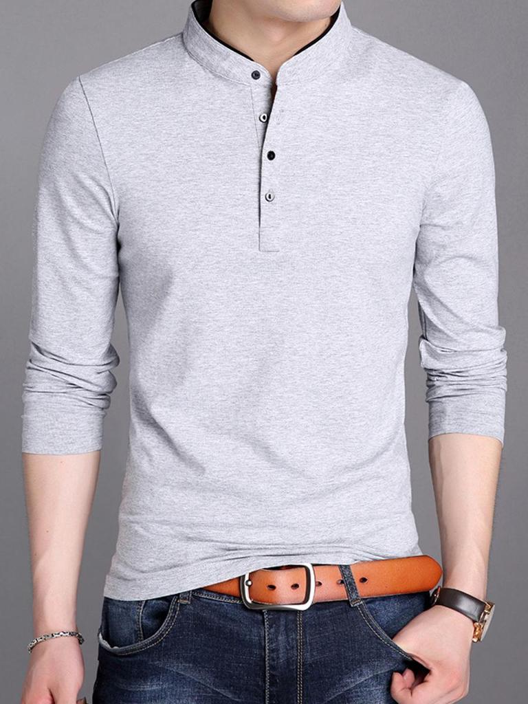 Men's Long-Sleeve Stand Collar Base Layer Shirt - Pure Cotton Solid Color, Slim Fit, Korean Style for Spring & Autumn