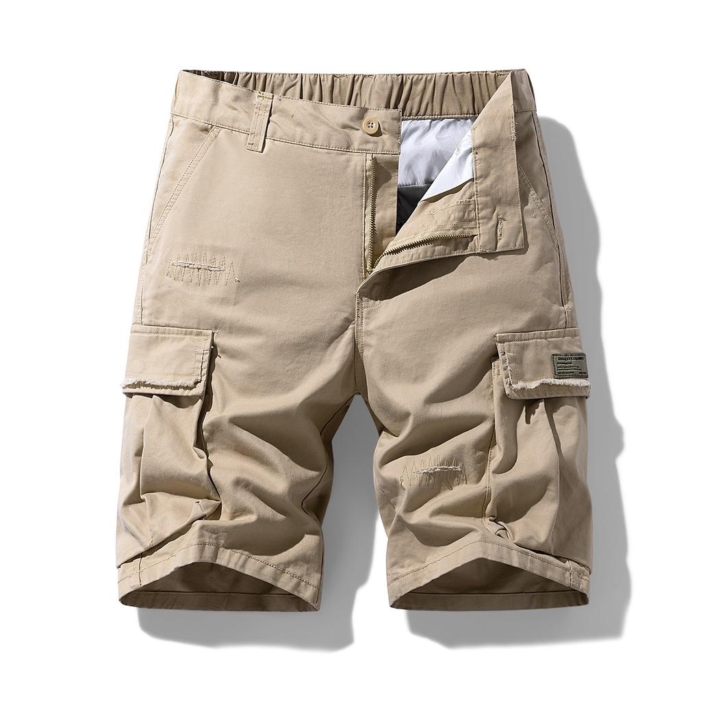 Mens Vintage Cotton Cargo Shorts Half Elastic Waist Multi Pockets Outdoor Trousers Men Knee-Length Casual Work Shorts