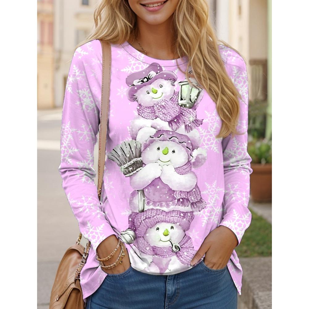 Christmas Snowman Women's T-shirt O Neck Oversized Pullover Female Party Clothes Daily Street Sweatshirt Casual Long Sleeves