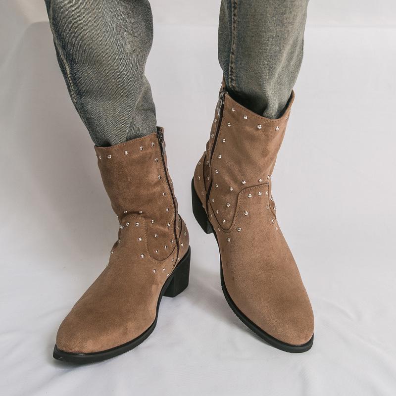 Men's Large Suede Leather Rivet Pointed Toe Ankle Boots - Medium Heel Fashion Knight Boots