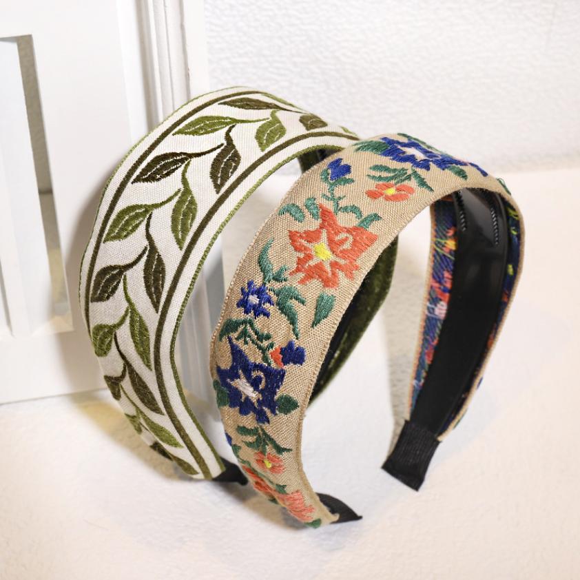 New Bohemian Style Embroidery Headbands Ethnic Wide-brimmed Hair Hoop Leaf Flower Pattern Hair Accessories Headwear for Girls