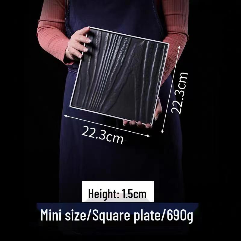 Matte Black Ceramic Wood Grain Plate for Steak, Barbecue, Snacks, and Desserts