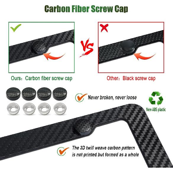 Carbon Fiber License Plate Frames- Black Carbon Pattern Plastic Front & Rear Car Tag Holder Cover 2 Pack With Mount Hardware, Screws, Caps, Handlebar