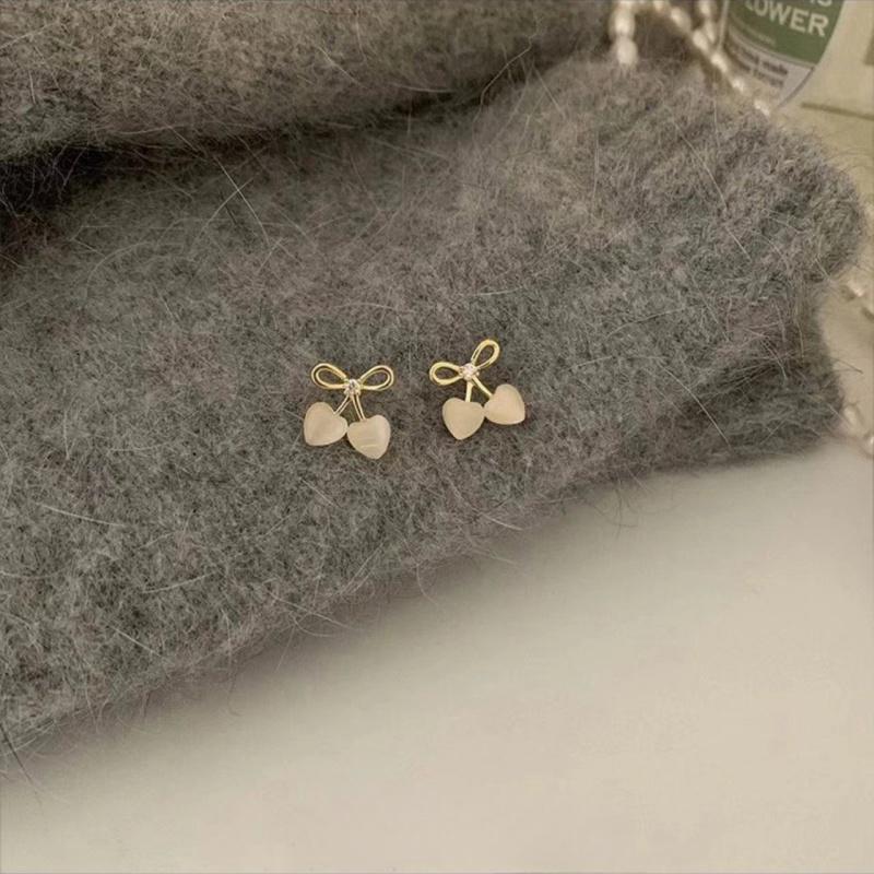 Exquisite Bow Heart & Cherry Stud Earrings - Elegant, Fashionable, Light Luxury Design