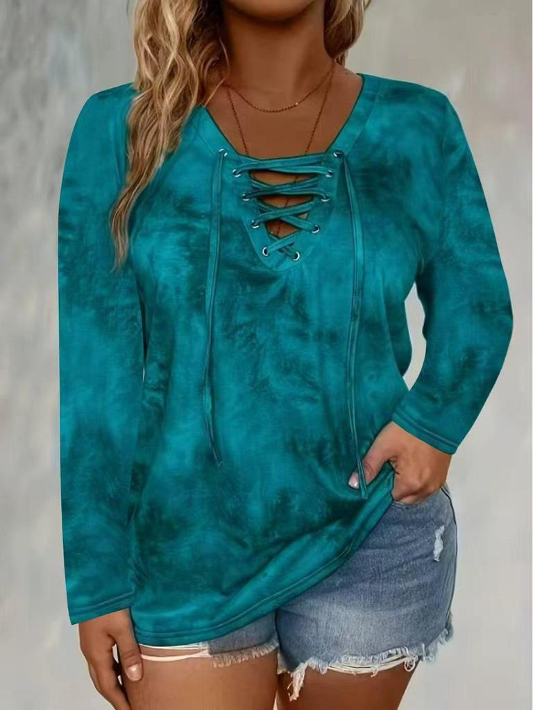 Elegantes Tie-Dye V-Ausschnitt Langarm Übergröße Damen Oberteil für Herbst/Winter 2025