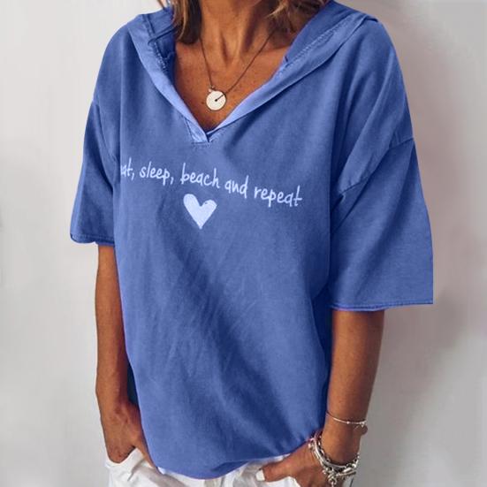 Sommer Unifarbene Damen Buchstaben Herz Druck Kurzarm Hoodies Mit Kapuze T-Shirt